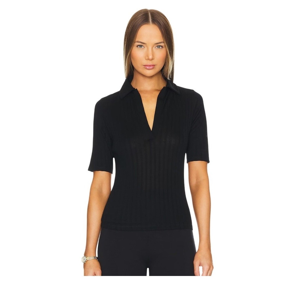 Vince Elbow Sleeve Polo Sweater Top Black Cashmere Mix Ribbed Knit S